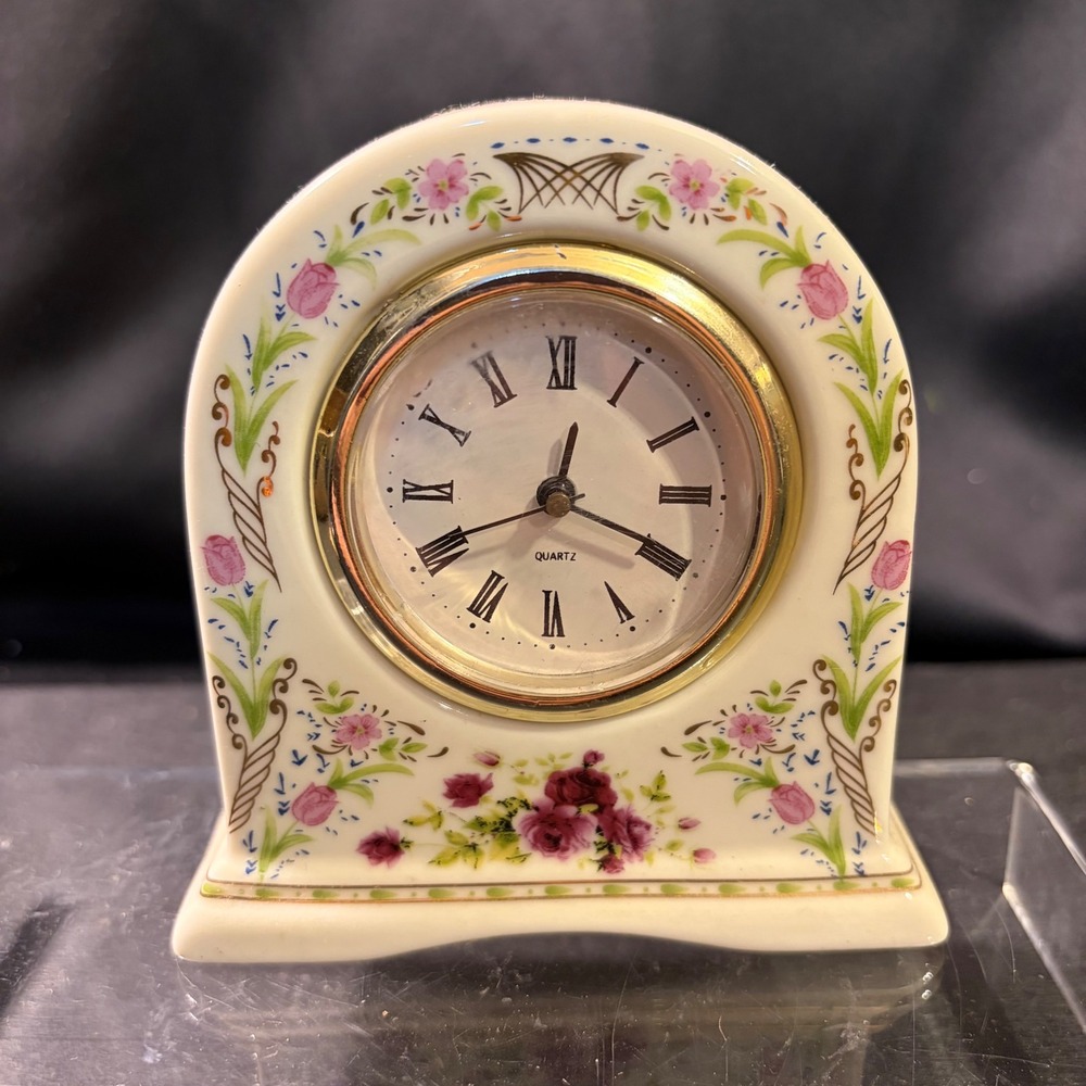 Vintage JJI International Floral Ceramic Quartz Mantel Clock Roman Numerals